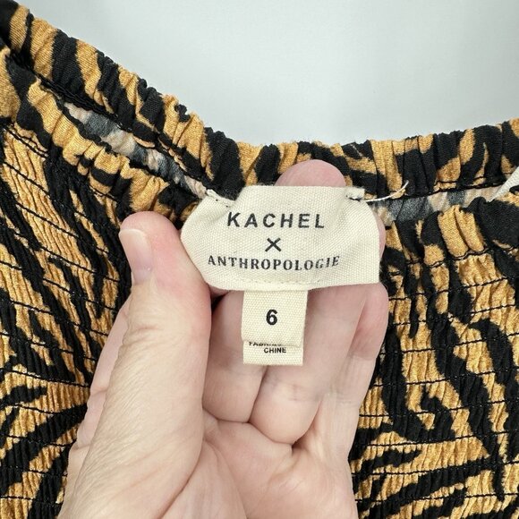 KACHEL BY ANTHROPOLOGIE tiger jumpsuit smocked wide leg long sleeve brown 6 - Picture 8 of 9